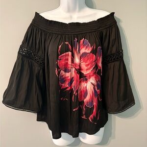 Jennifer Lopez Black Blouse with Pink Floral Design